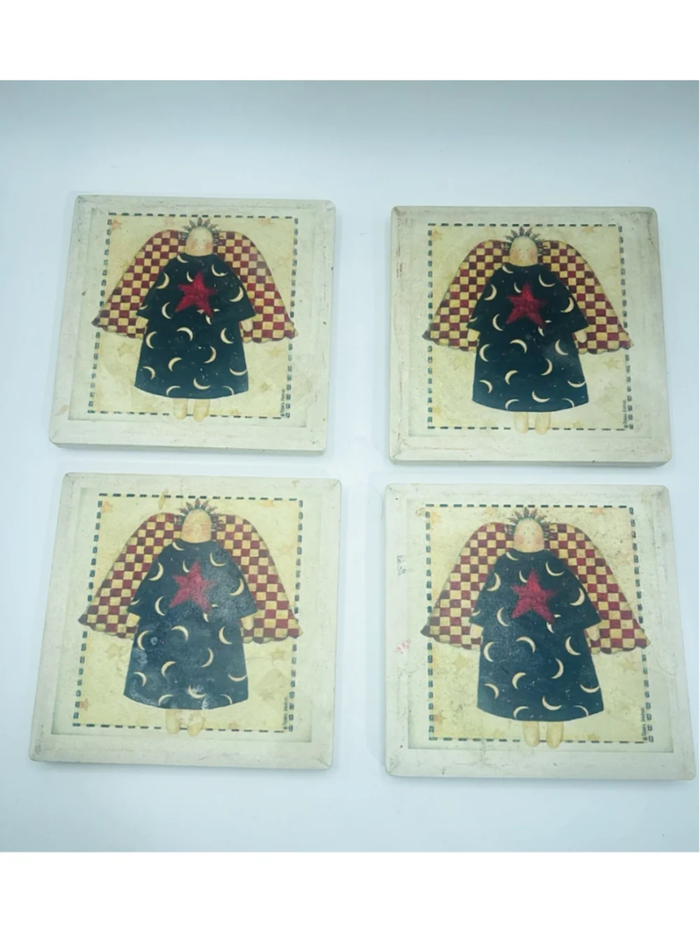 Vtg Debbie Mumm Primitive Angel Stone Coasters Set of 4 Country Folk Americana
